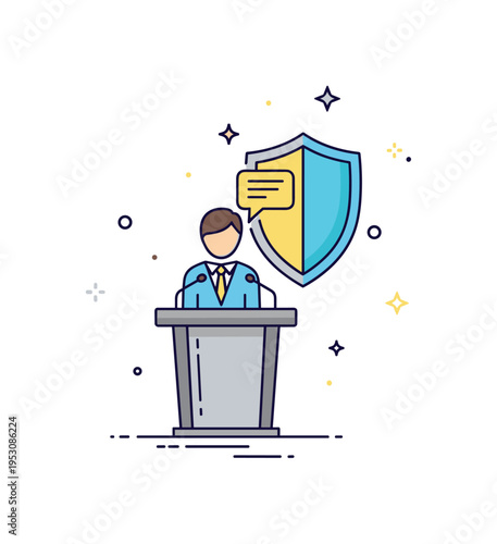 Executive communication and authority represented by a poised figure at a lectern with a subtle shield icon behind, symbolizing credibility and trust. The