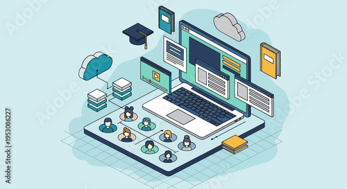 Isometric E-learning Platform with Laptop and User Avatars.