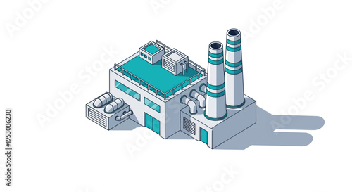 Isometric Factory Building with Smokestacks and Cooling Towers.