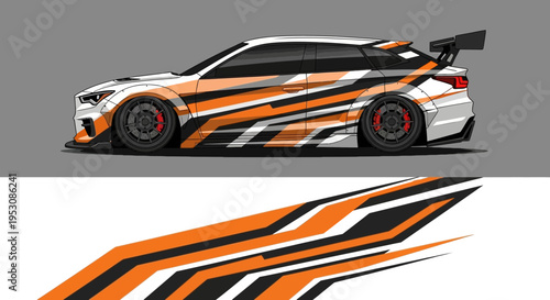 Sleek race car with bold orange, black and white graphic livery in side profile.