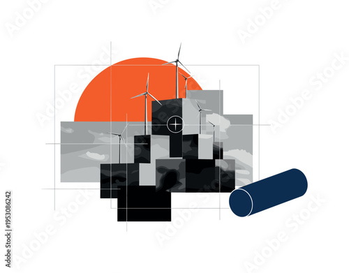 Black and white fragmented landscape with turbines emerging from abstract geometric blocks, bold orange semicircle framing upper sky area, thin framing guides