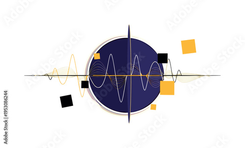 A monochrome cosmic scene centered on a bold flat circle representing spacetime curvature, intersected by thin geometric wave lines and floating abstract data
