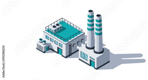 Isometric factory with chimneys and industrial buildings.