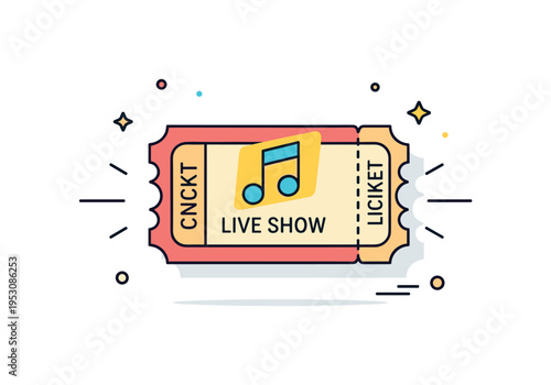 Concert ticket pass highlighting a single colorful ticket stub with music note accent and short ?Live Show? text. Rounded perforation edges and minimal stage