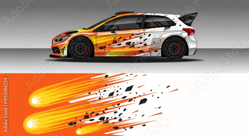 High-speed orange and white race car in action on a sleek studio-style track.