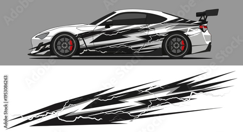 Sleek black and white graphic sports car with dynamic abstract decals and streamlined design.