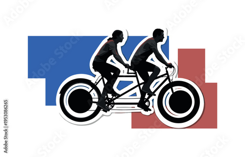 Black and white realistic bicycle built for two with the riders slightly distanced, geometric circular wheels exaggerated as bold flat shapes, abstract