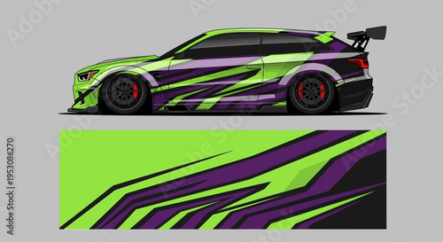 Neon green and purple race car with bold graphic livery and spoiler.