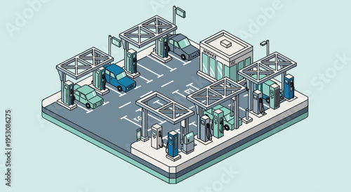 Isometric Gas Station with Cars and Charging Stations.