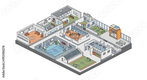 Isometric Floor Plan of a Modern House with Detailed Rooms and Outdoor Space.