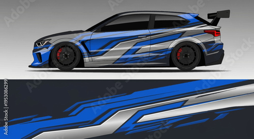 Blue race car with bold blue and white graphic livery on side profile, captured in motion.