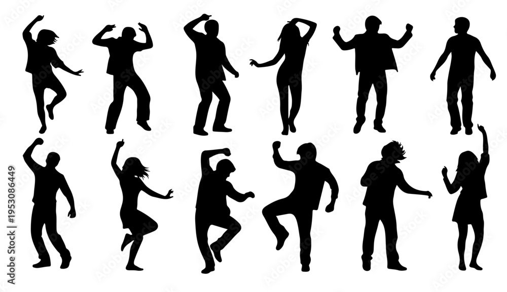Fototapeta premium Silhouettes of people dancing and celebrating in various dynamic poses