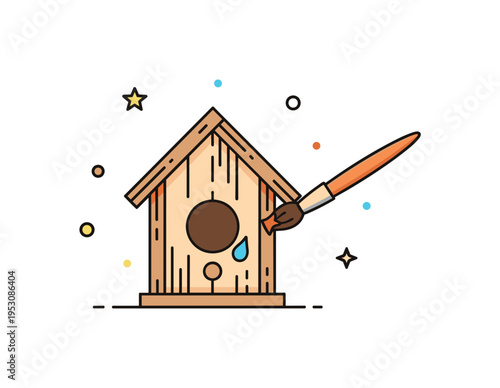 DIY bird shelter craft simple wooden birdhouse structure with a circular entrance and a paintbrush adding final touches. A charming micro scene expressing care