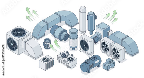 Isometric HVAC and Ventilation System Components Illustration.