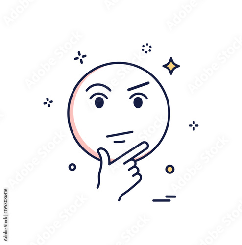 Thinking reaction emoji showing a face with one raised eyebrow and a small hand under the chin, symbolizing curiosity and consideration. The visual