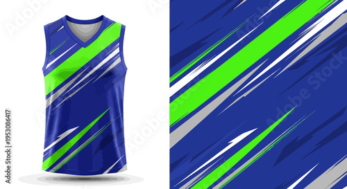 Blue athletic jersey with neon green diagonal stripes for sportswear and training.