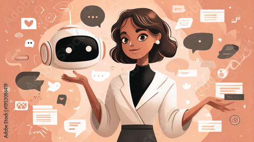 Woman interacting with AI chatbot, managing artificial intelligence, customer service automation, digital assistant communication