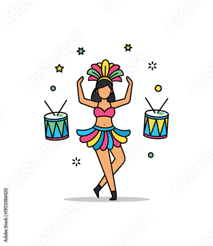 Festival samba dancer highlighted with rhythmic pose and subtle drum icons nearby to suggest upbeat music and energetic street vibes. The compact composition