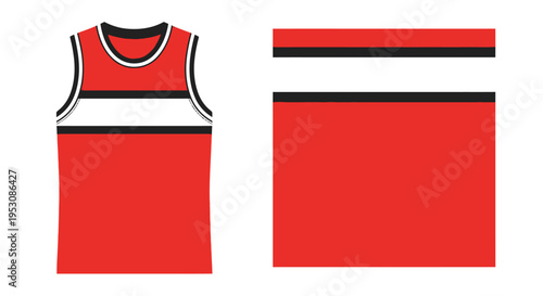 Red sleeveless jersey and red white red flag motif photographed together against white background.