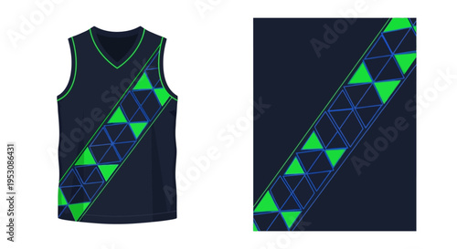 Geometric Triangles Patterned Navy Jersey with Diagonal Green Band.