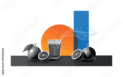 Black and white still life of citrus fruits and a glass arranged on a minimal table plane, large orange circle behind composition as blazing sun, blue vertical