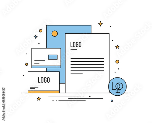 Corporate identity system illustration showing a simplified business card, letterhead and logo symbol arranged in a neat stack, expressing consistency across