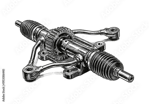 Detailed illustration of a car's rack and pinion steering system with gears and linkages
