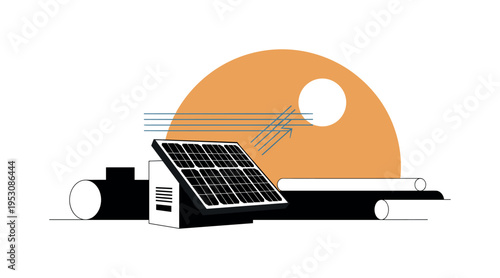 Black and white compact solar panel angled toward stylized sun, large muted orange semicircle behind representing sunlight source, thin blue horizontal lines