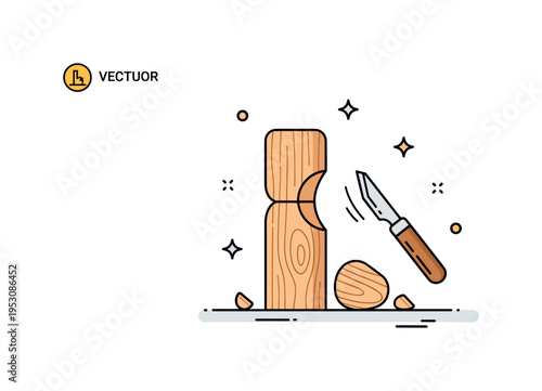 Wood carving hobby centered on a partially carved wooden figure with a small carving knife nearby, expressing patience and artistic expression. The scene feels