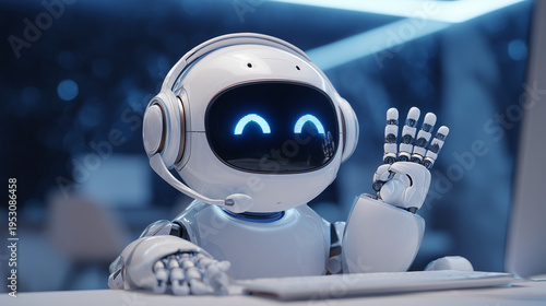 Friendly artificial intelligence robot assistant wearing a headset, smiling and gesturing for customer service support