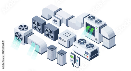 Isometric HVAC system components for air conditioning and ventilation.