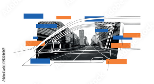 Black and white dynamic perspective of city buildings passing by car window, abstract rectangular blocks and diagonal lines emphasizing speed, bold blue and