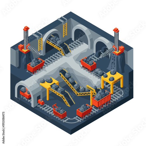 Isometric Coal Mine Illustration with Conveyor Belts and Minecarts.