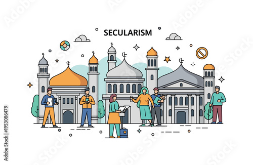 Secularism and its impact on religious practices with a diverse group of people engaging in everyday life around religious buildings, highlighting coexistence,