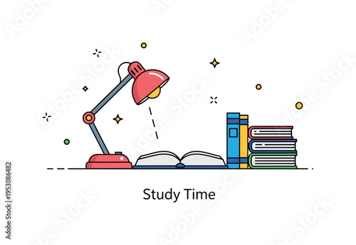 Study session in library highlighting a desk lamp illuminating an open book with a few stacked volumes beside it, creating a focused and productive mood. A