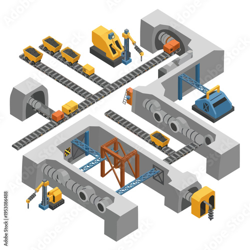 Isometric Industrial Factory Automation System Illustration.