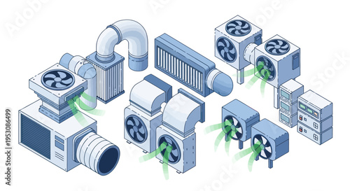 Isometric HVAC System Components for Air Conditioning and Ventilation.