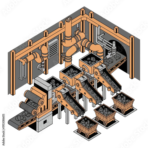 Isometric Coal Mining Processing Plant Illustration with Conveyor Belts.