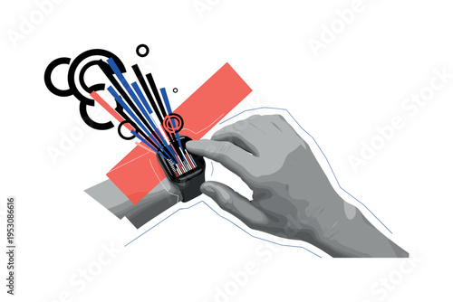 A realistic monochrome hand with visible age lines tapping a fitness tracker screen, interface transforming into bold circular graphs and vertical bars,