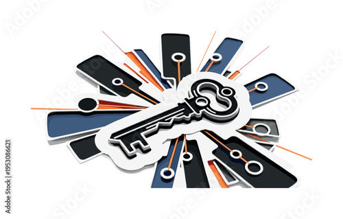 A monochrome close-up of a key placed centrally, abstract rectangular panels and circular nodes surrounding it like encrypted layers, thin diagonal lines