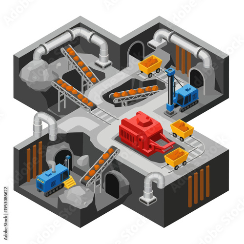 Isometric Underground Mining Operation with Conveyor Belts and Machinery.