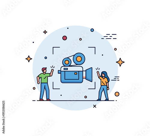 Film production day theme centered on a camera framed within a subtle spotlight circle with small star accents to express creativity, teamwork, and cinematic