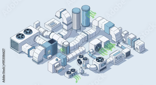 Isometric HVAC System Illustration for Industrial and Commercial Use.
