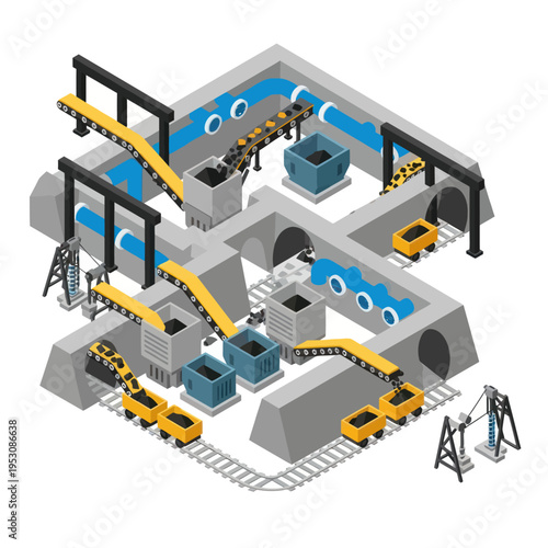 Isometric Coal Mine Illustration with Conveyor Belts and Minecarts.