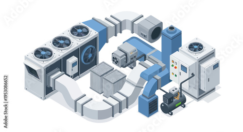 Isometric HVAC System Illustration for Industrial Climate Control.