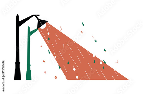 Black and white streetlamp shining through rain, light beam simplified into bold triangular geometric form, raindrops rendered as small flat circles and thin