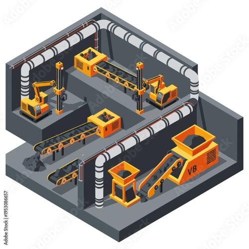 Isometric Mining Operation - Conveyor Belts and Heavy Machinery.