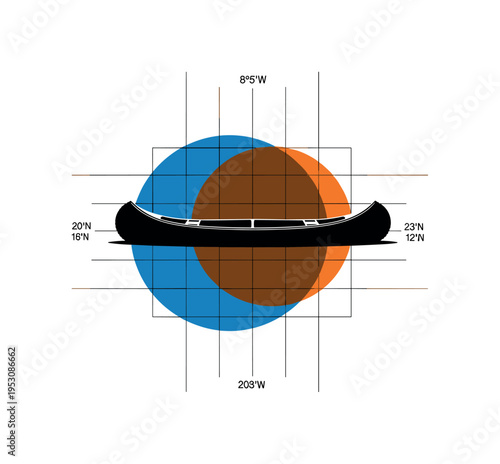 Silhouette-style monochrome canoe centered inside overlapping blue and orange circles, thin grid lines crossing composition like map coordinates, strong