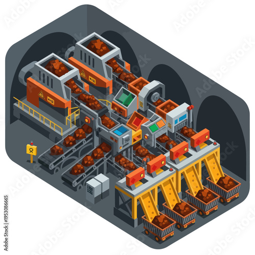 Isometric Coal Mining Operation with Conveyor Belts and Ore Cars.