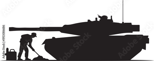 Black silhouette of man cleaning in front of military tank